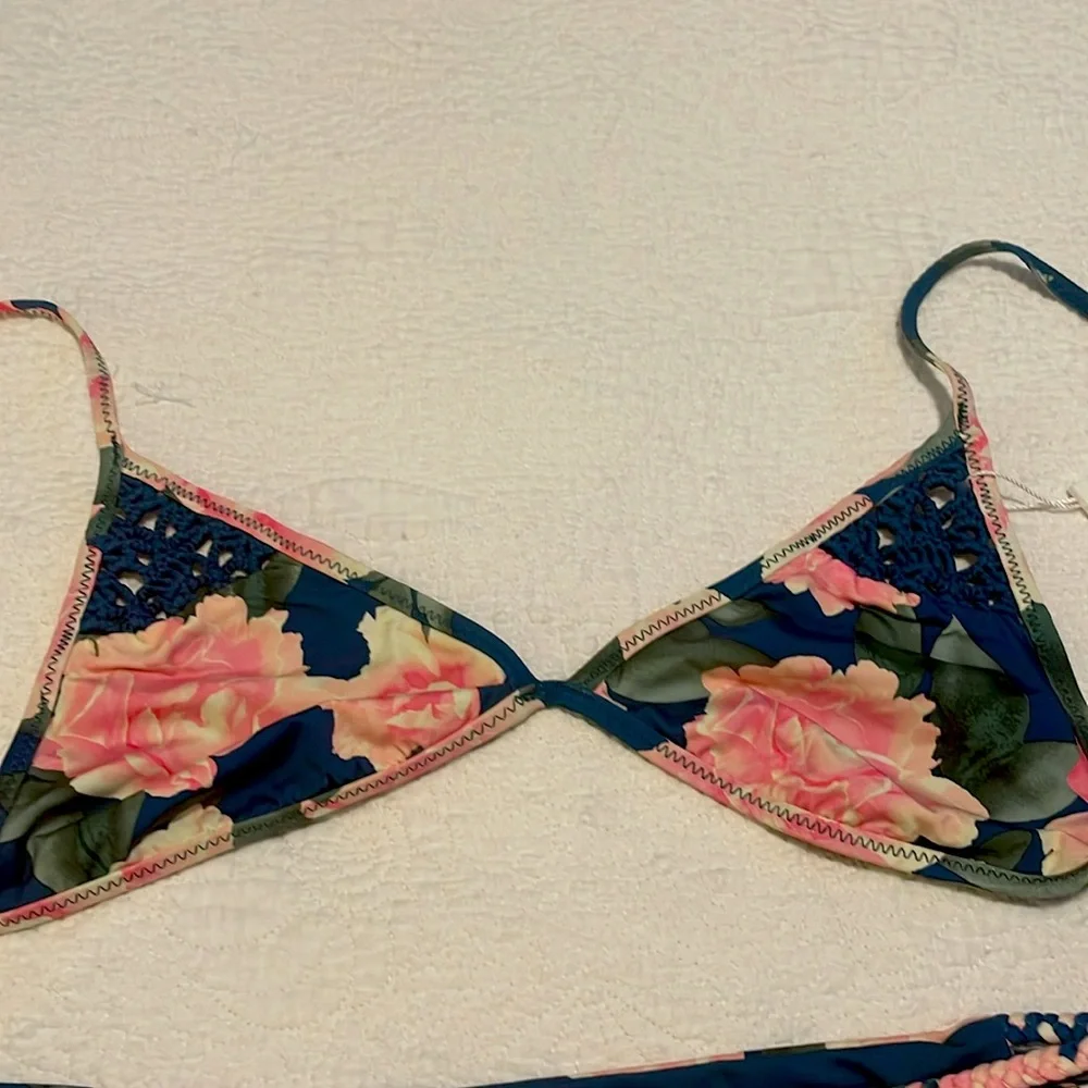 NWT Frankie’s Bikini Teal embroidery with pink roses L Top, M Bottom Set